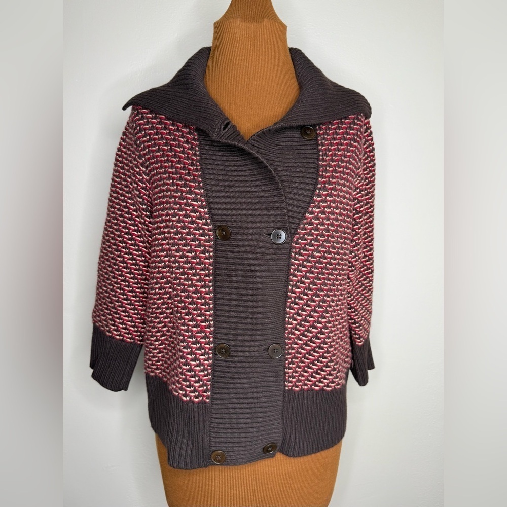 Talbots Chunky Collar Double Breasted Red Brown Cardigan Sweater Size MP